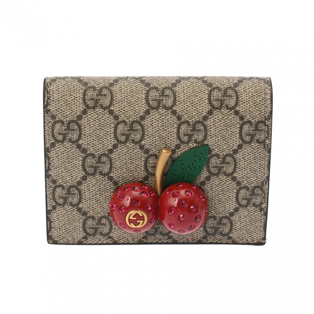 ✨美品✨ GUCCI 二つ折り財布 チェリー GG柄 ストーン抜けナシ 付属品完備✨️GUCCI ストーン抜けなし チェリー 二つ折り財布 GG柄 赤
