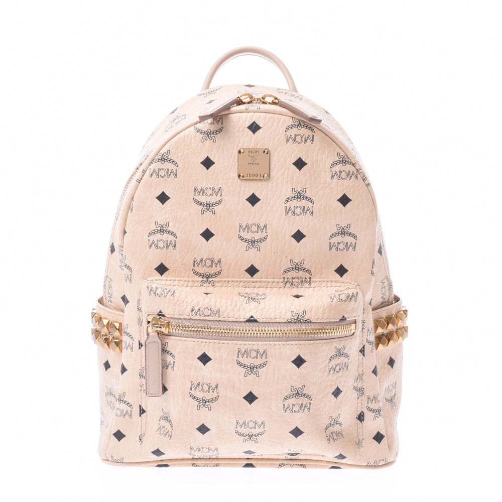 M.C.M Backpack Studs Beige Unisex Leather Rucksack Daypack MCM