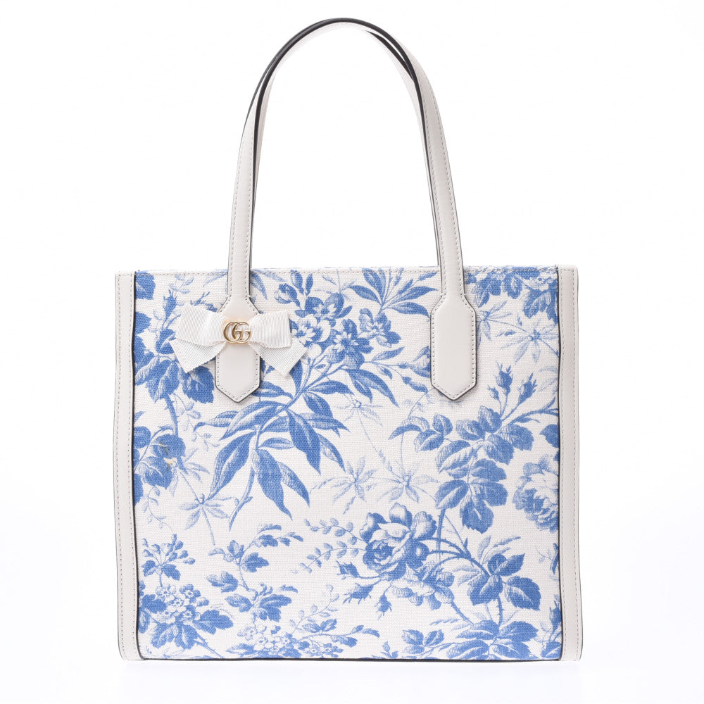 432684 Gucci her barium flower print white blue unisex tote bag