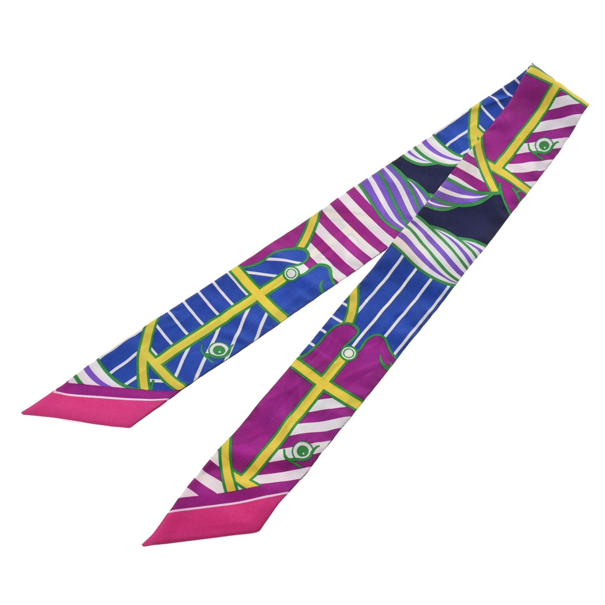 エルメス HERMES ツイリー フューシャ×ブルー×ジョーヌ リボンスカーフ  