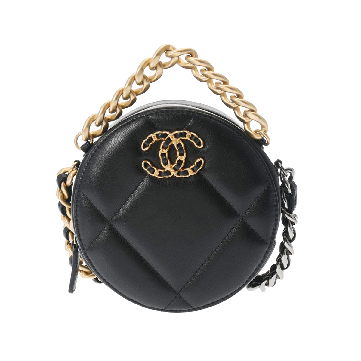 CHANEL シャネル ラウンド チェーンショルダー 2WAY 黒 ゴールド/シルバー金具 レディース ラムスキン ショルダーバッグ 新同 中古 -  送料込