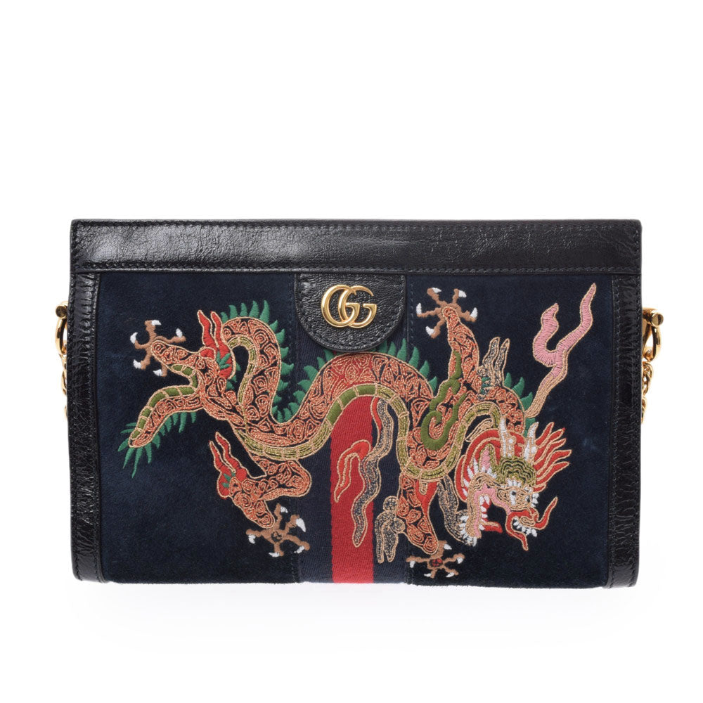 503877 Gucci embroidery bag dragon embroidery dark blue gold metal