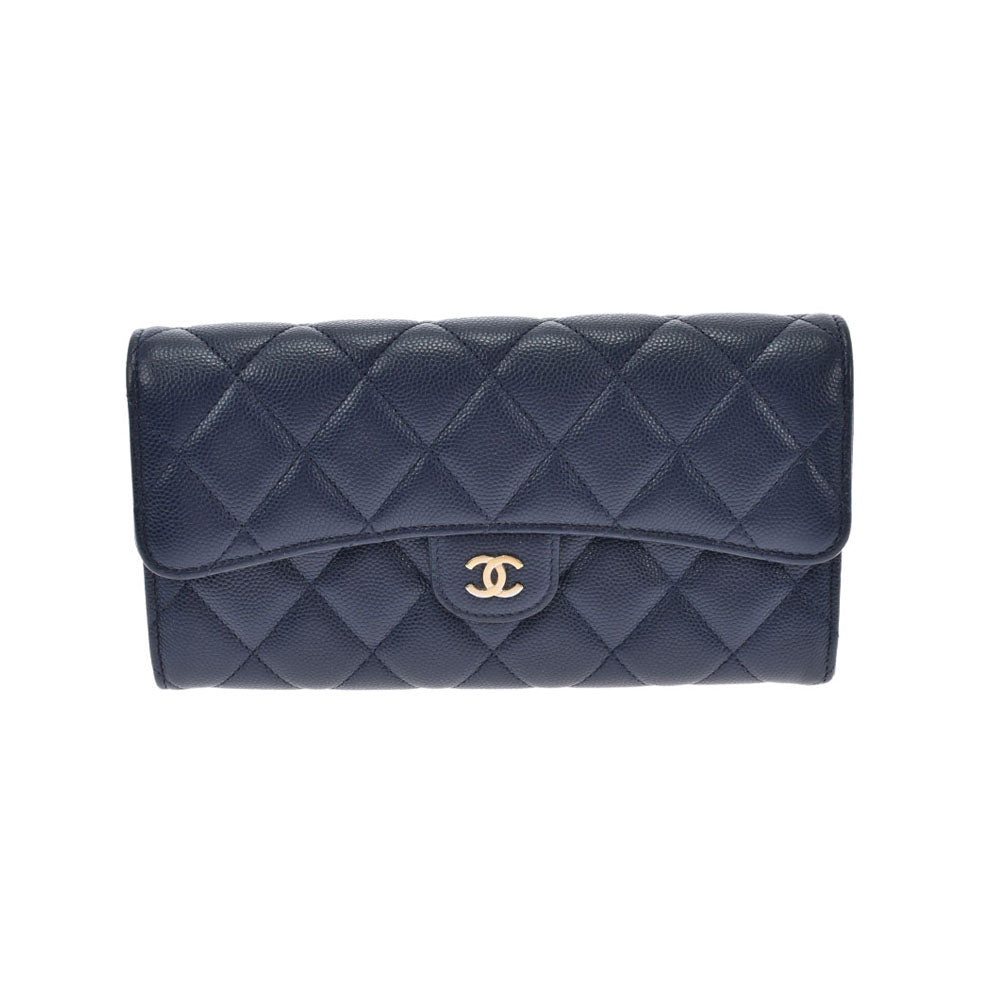 【エノ】CHANEL ネイビー 長財布 シャネルロングジップウォレット 14143 ネイビー ゴールド金具