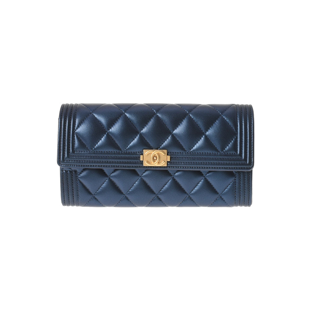 CHANEL シャネル ボーイシャネル 二ツ折長財布 メタリックブルー ...