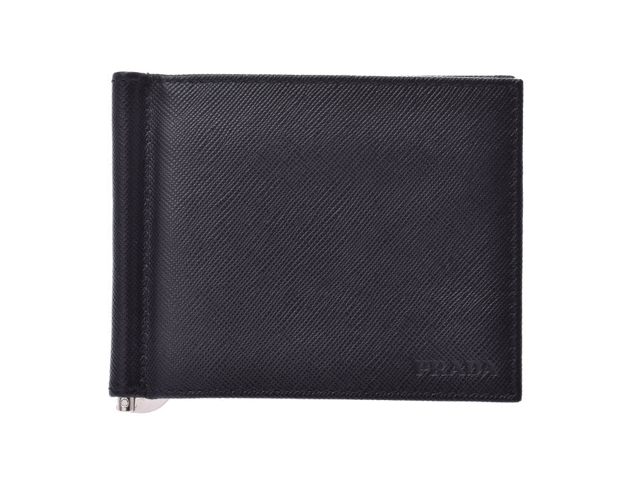 Prada Money Clip with Two Folds Black Men's Saffiano A Rank