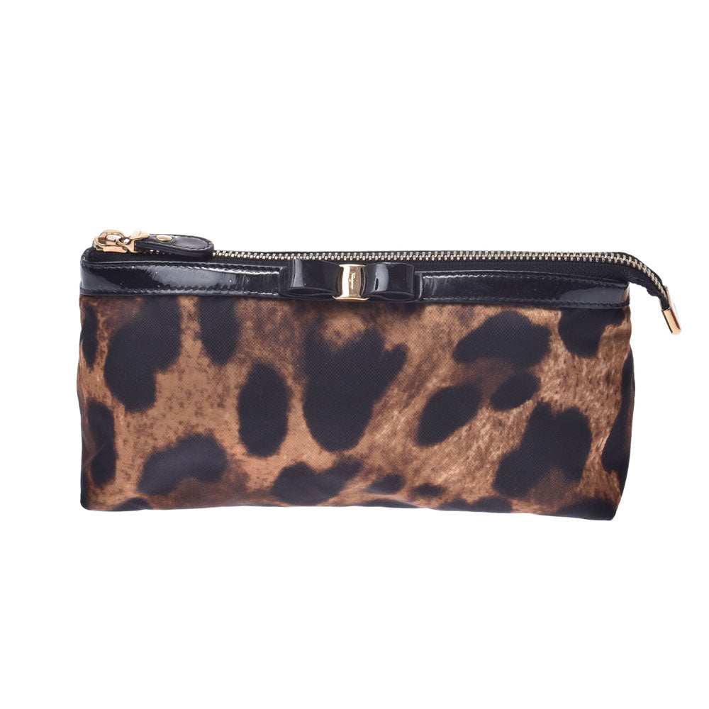 未使用【Salvatore Ferragamo】ヴァラリボンレオパード柄ポーチ フェラガモヴァラ レオパード/黒 GP金具 レディース ポーチ Salvatore