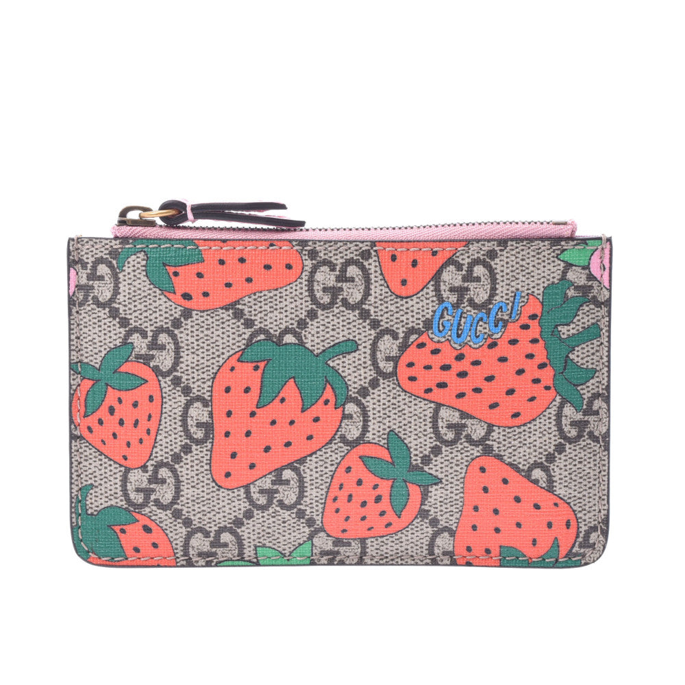 Gucci Strawberry Pattern Coin Purse With Keyring Greige Ladies GG