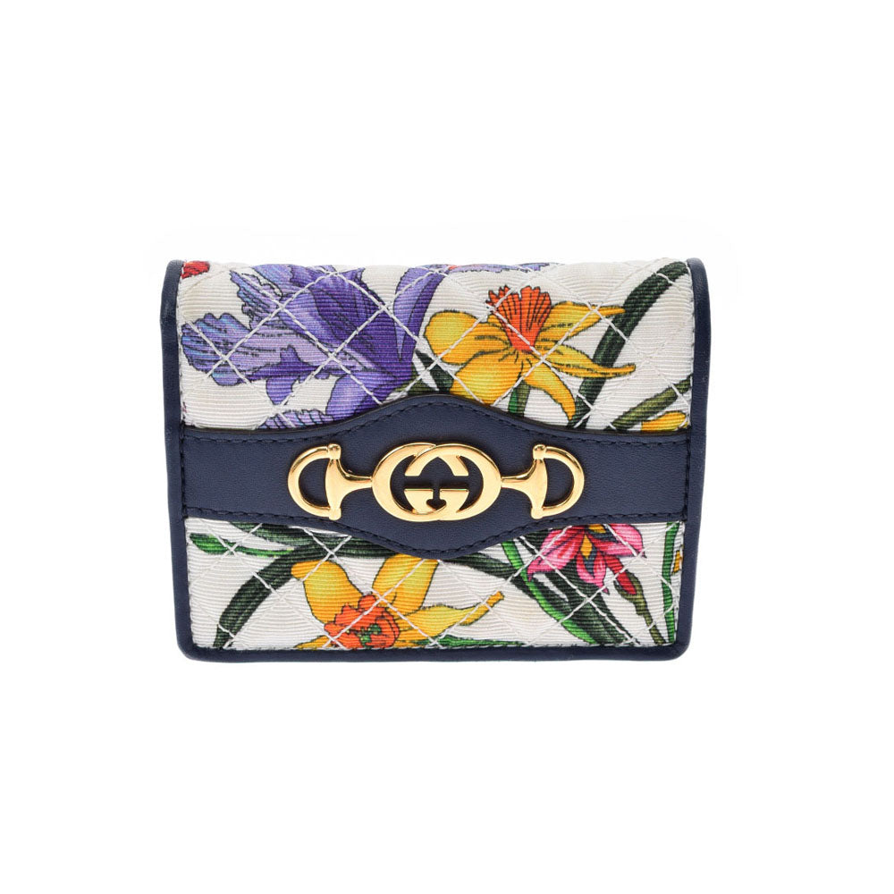 販売店舗限定 GUCCI グッチ フローラ コンパクトウォレット 白/紺