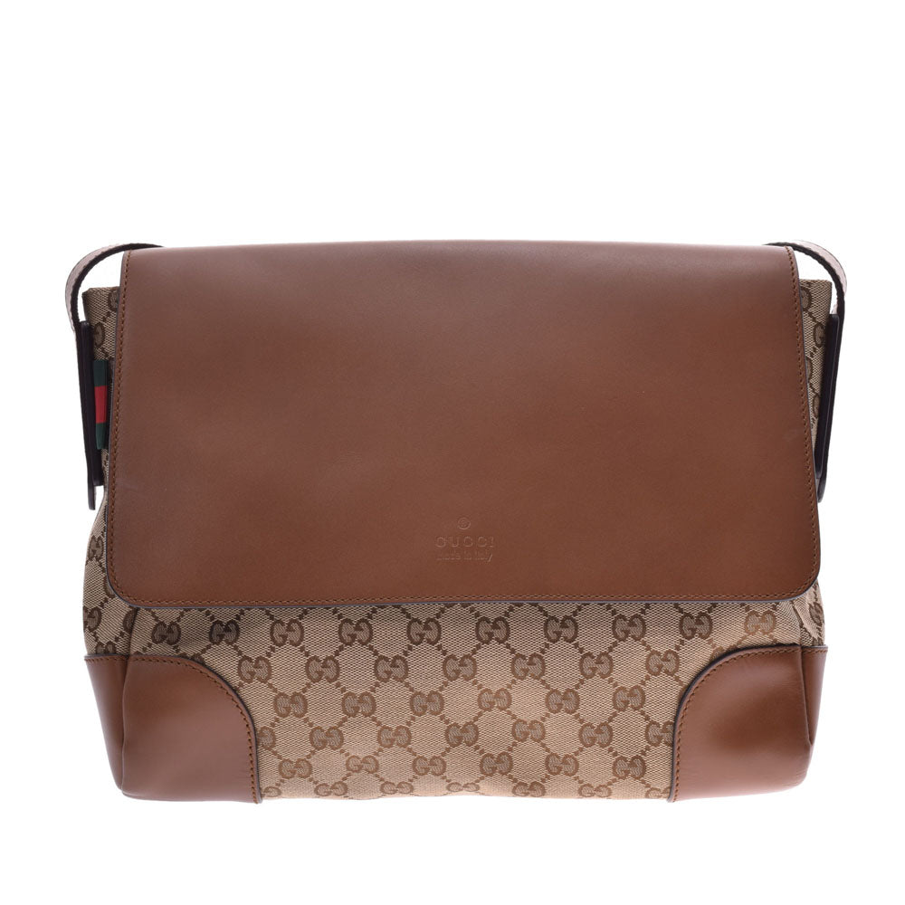 GUCCI グッチ 茶 ユニセックス GGキャンバス レザー ショルダーバッグ 
