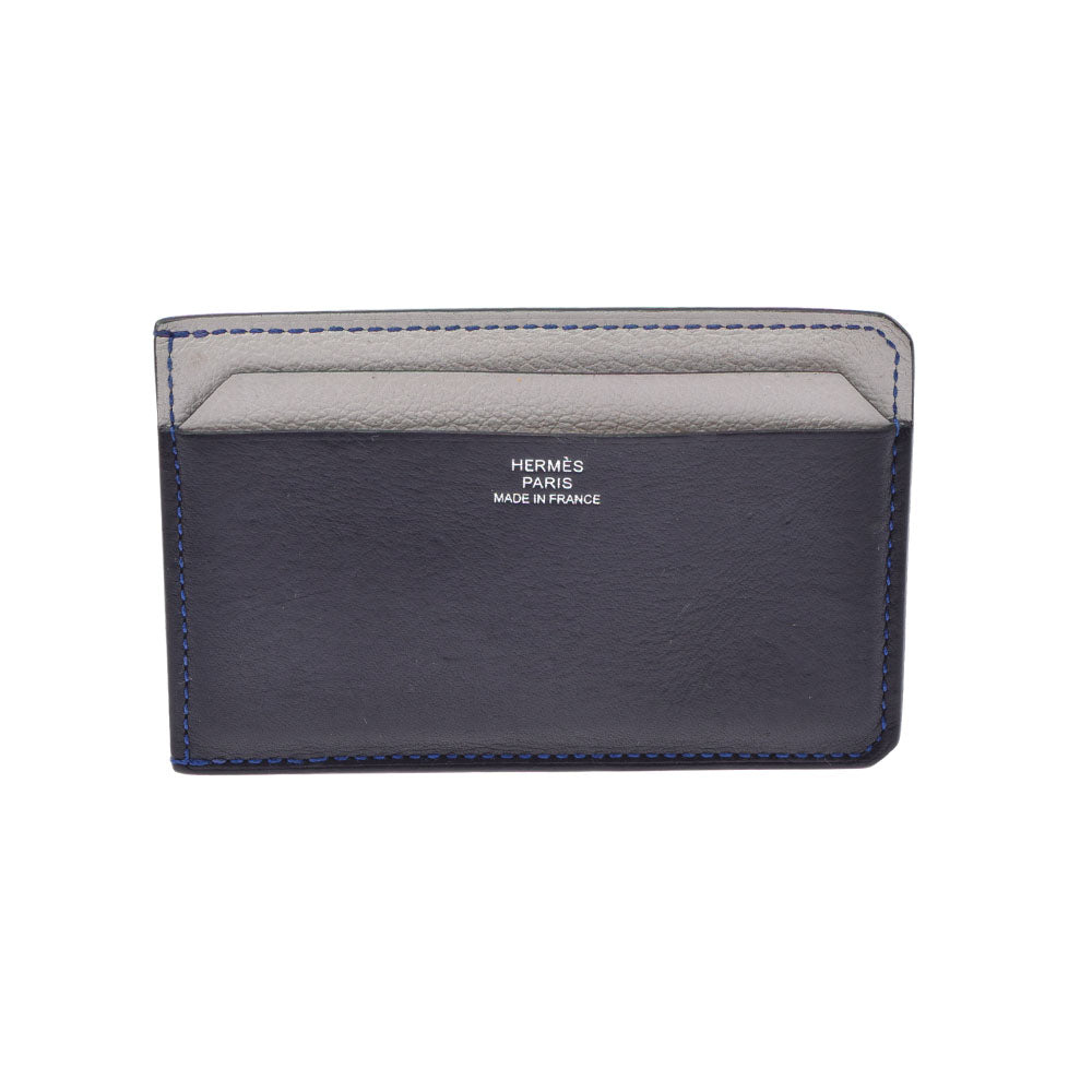 Hermes City 4CC Pass Case Tricolor Black/Gray/Blue D engraved