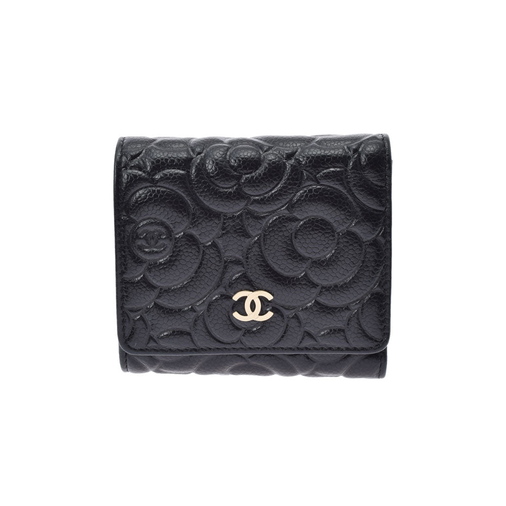 シャネルカメリア コンパクト財布 黒 レディース 三つ折り財布 CHANEL