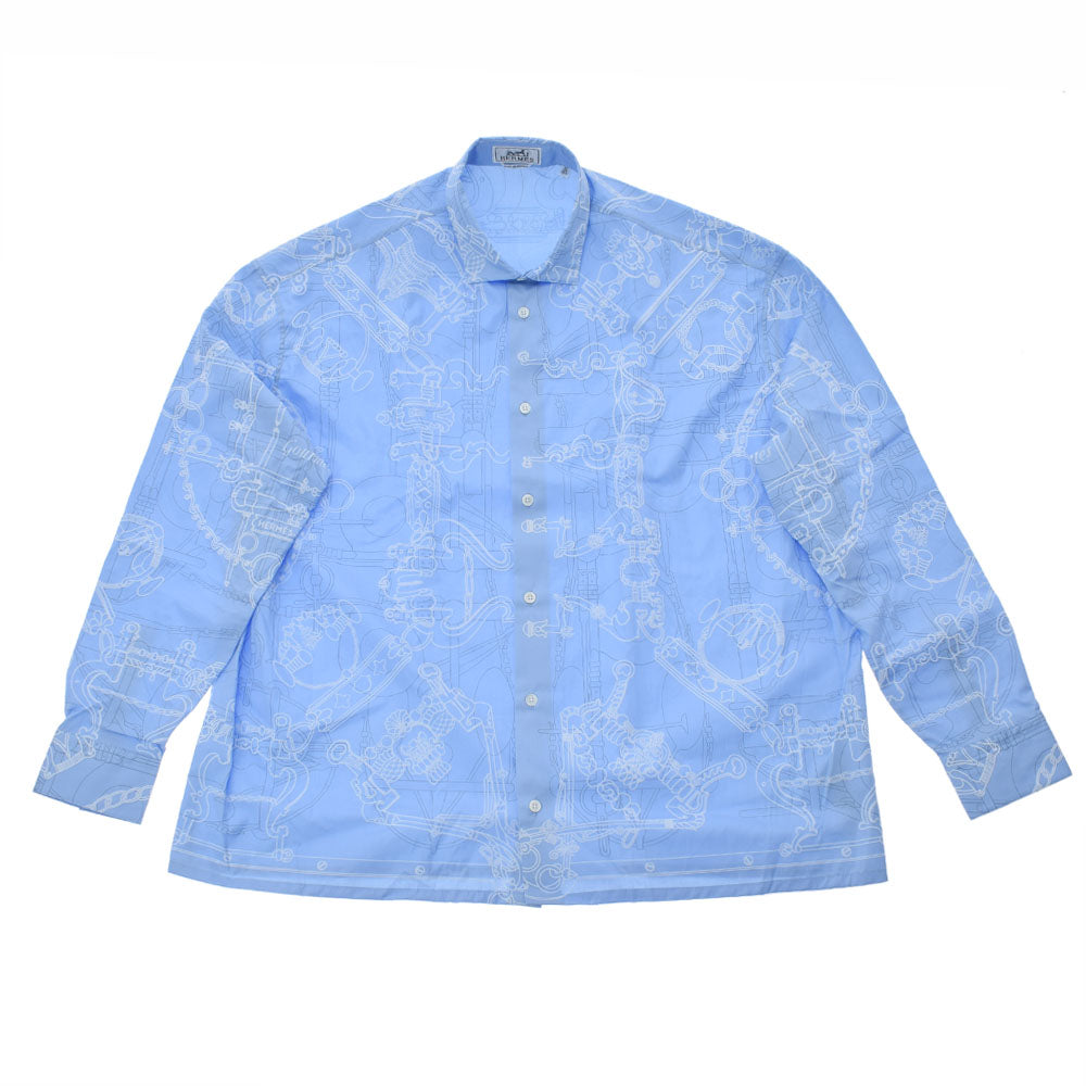 美品✨エルメス　長袖シャツ　総柄　ブルー系　42 XL相当　大きいサイズ　綿