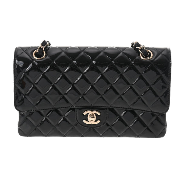 CHANEL シャネル マトラッセ Wフラップ チェーンショルダー 25 黒　 レディース パテントレザー ショルダーバッグ 新同 中古 銀蔵