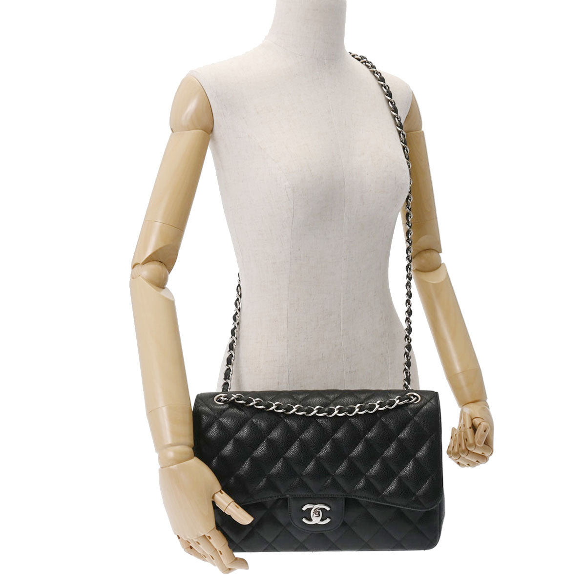 超美品　正規　レア　CHANEL　黒ラムミディアムマトラッセ斜め掛けシルバー金具 シャネルWフラップ Wチェーンショルダー 42976 ブラック シルバー金具