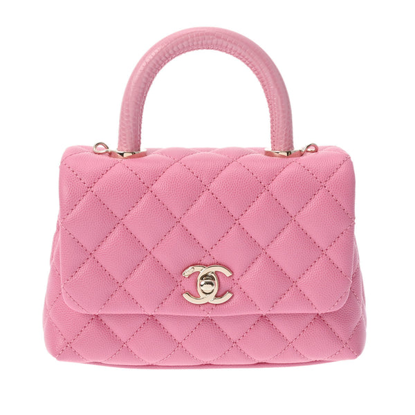 CHANEL シャネル マトラッセ トップハンドル XXS 2WAY ピンク AS2215 レディース キャビアスキン リザード ハンドバッグ 新同 中古 銀蔵
