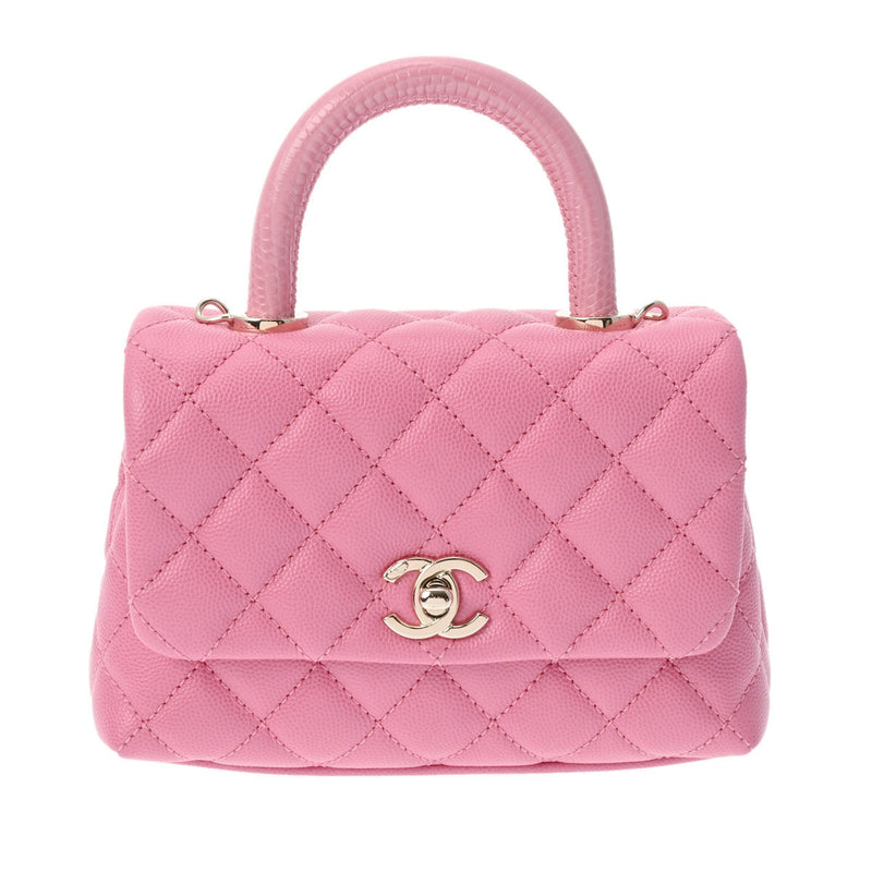 CHANEL シャネル マトラッセ トップハンドル XXS 2WAY ピンク AS2215 レディース キャビアスキン リザード ハンドバッグ 新同 中古 銀蔵
