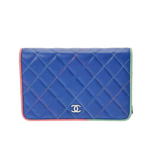 CHANEL シャネル マトラッセ ソルド品 ブルー/オレンジ/グリーン レディース ラムスキン チェーンウォレット Aランク 中古 銀蔵