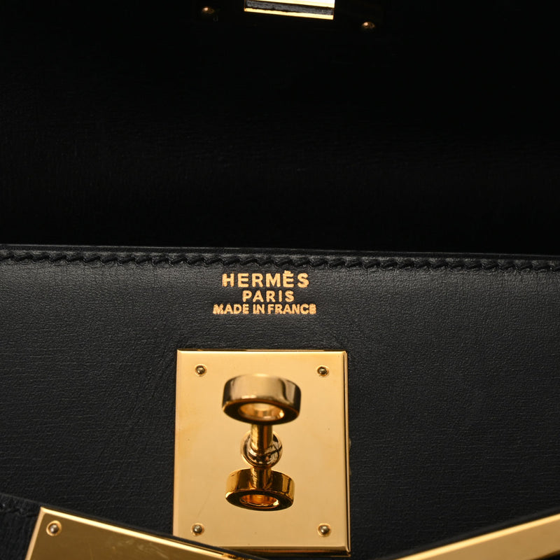 HERMES エルメス ケリー 32 外縫い 黒 ゴールド金具 □E刻印(2001年頃) レディース ボックスカーフ 2WAYバッグ Aランク 中古 銀蔵