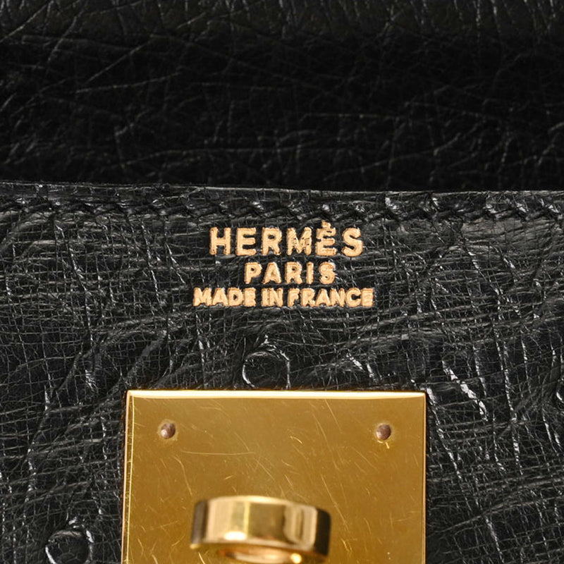 HERMES エルメス ケリー 32 外縫い 黒 ゴールド金具 ○Y刻印(1995年頃) レディース オーストリッチ ハンドバッグ ABランク 中古 銀蔵