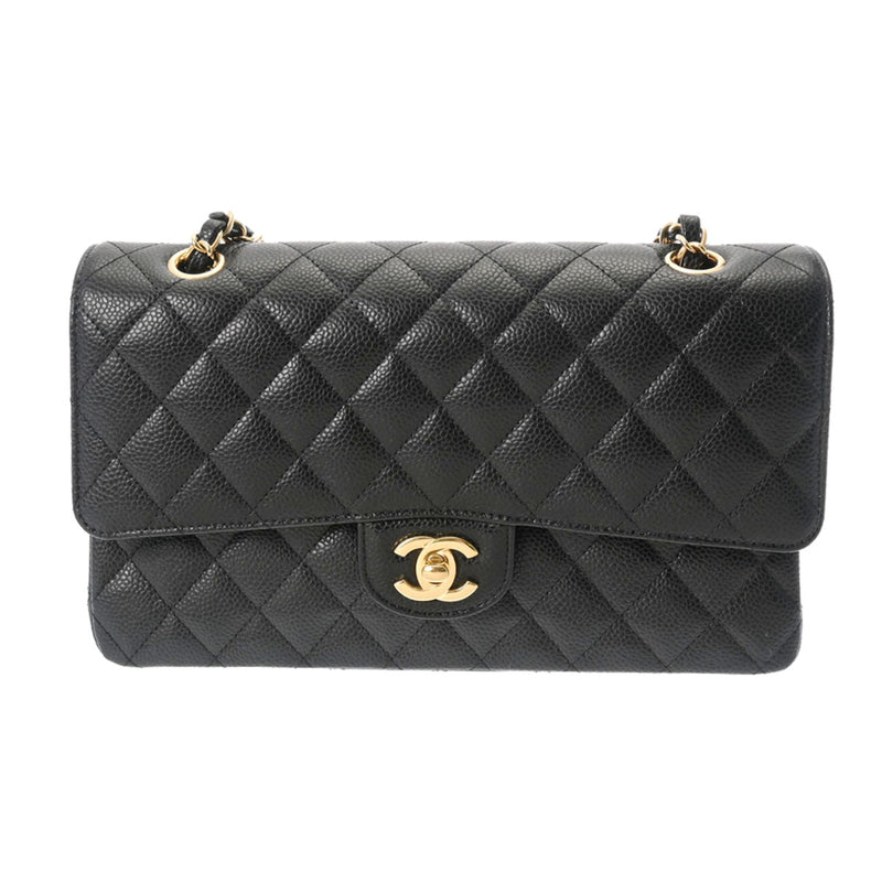 CHANEL シャネル マトラッセ チェーンショルダー 25cm Wフラップ 黒 ゴールド金具 A01112 レディース キャビアスキン ショルダーバッグ 新同 中古 銀蔵