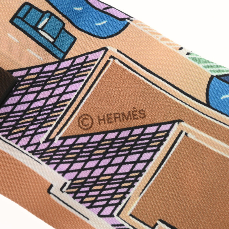 HERMES エルメス ツイリー PANTIN CITY ベージュ/ブルー レディース シルク100％ スカーフ Aランク 中古 銀蔵