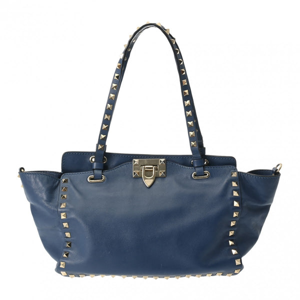 VALENTINO ヴァレンティノ 2way トートバッグ ロックスタッズ ブルー ゴールド金具 レディース レザー ショルダーバッグ Bランク 中古 銀蔵