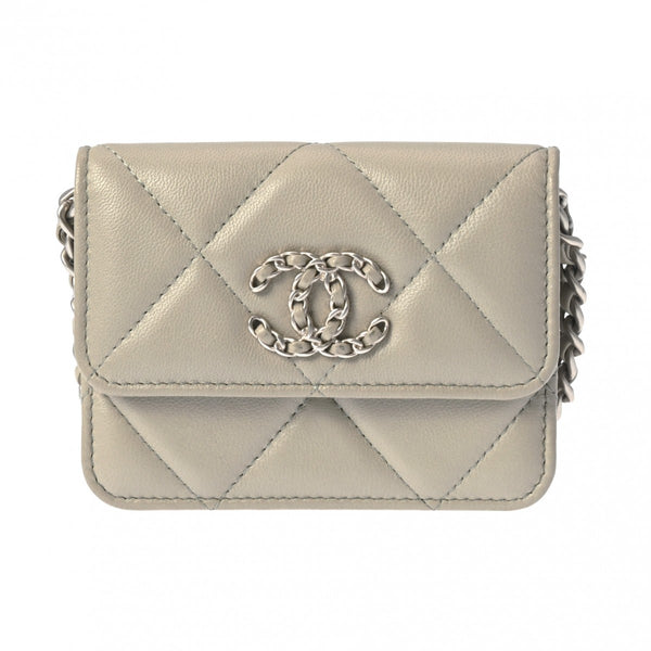 CHANEL シャネル シャネル19 チェーン コインパース グレー レディース ラムスキン コインケース Aランク 中古 銀蔵
