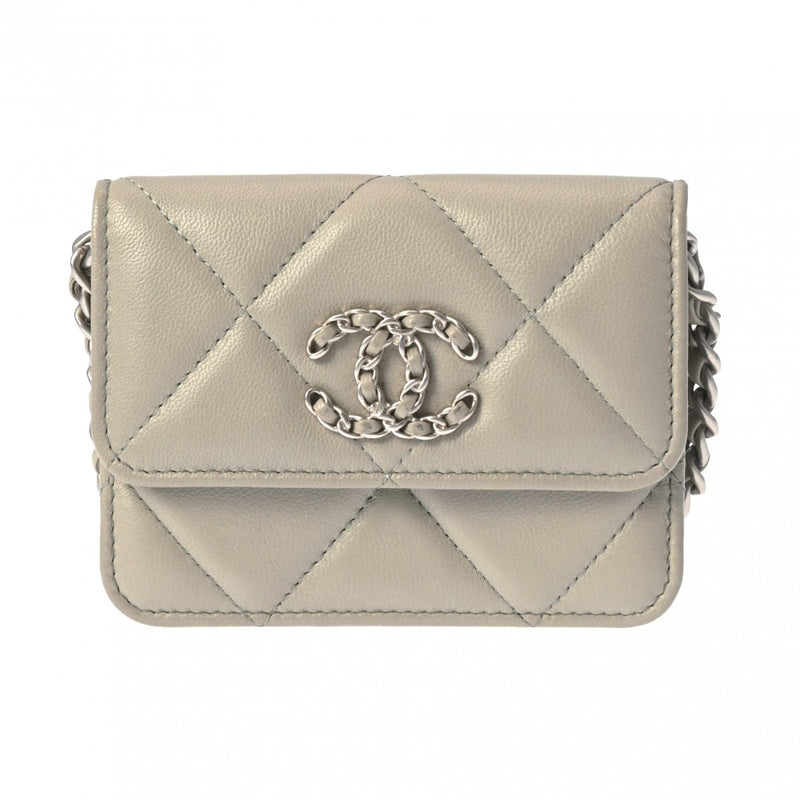CHANEL シャネル シャネル19 チェーン コインパース グレー レディース ラムスキン コインケース Aランク 中古 銀蔵