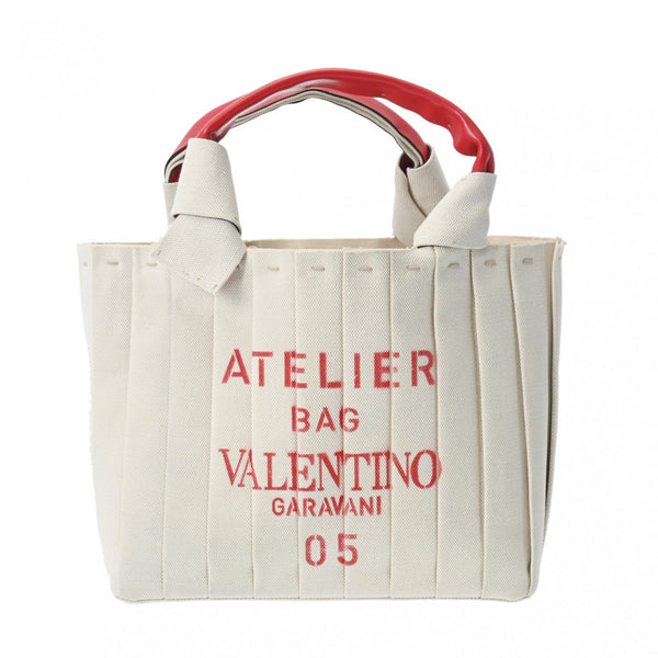 VALENTINO ヴァレンティノ アトリエール 2WAY トート プリッセエディション ナチュラル/赤 レディース レザー キャンバス ショルダーバッグ ABランク 中古 銀蔵