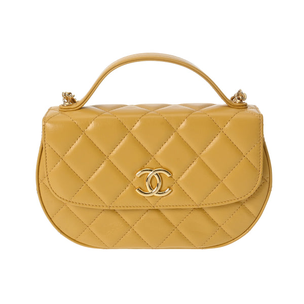 CHANEL シャネル マトラッセ トップハンドル ミニ チェーンショルダー イエロー ゴールド金具 レディース カーフ ショルダーバッグ 新同 中古 銀蔵