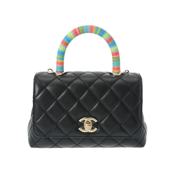 CHANEL シャネル マトラッセ トップハンドル XXS 2WAYチェーンショルダー ブラック レインボー AS2215 レディース ラムスキン ハンドバッグ Aランク 中古 銀蔵