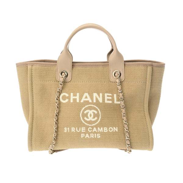 CHANEL シャネル ドーヴィル MM チェーントート ベージュ レディース キャンバス トートバッグ 新同 中古 銀蔵