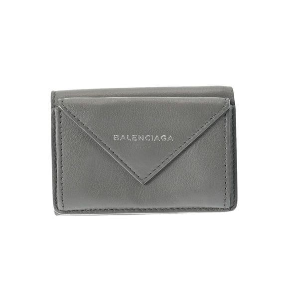 BALENCIAGA バレンシアガ ペーパー ミニ ウォレット グレー 391446 ユニセックス カーフ 三つ折り財布 Bランク 中古 銀蔵