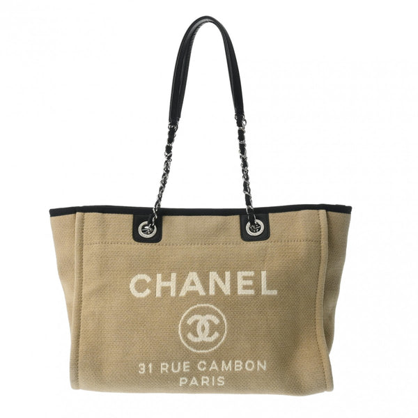 CHANEL シャネル ドーヴィル チェーントート ベージュ/ブラック A67001 レディース キャンバス/レザー トートバッグ Bランク 中古 銀蔵