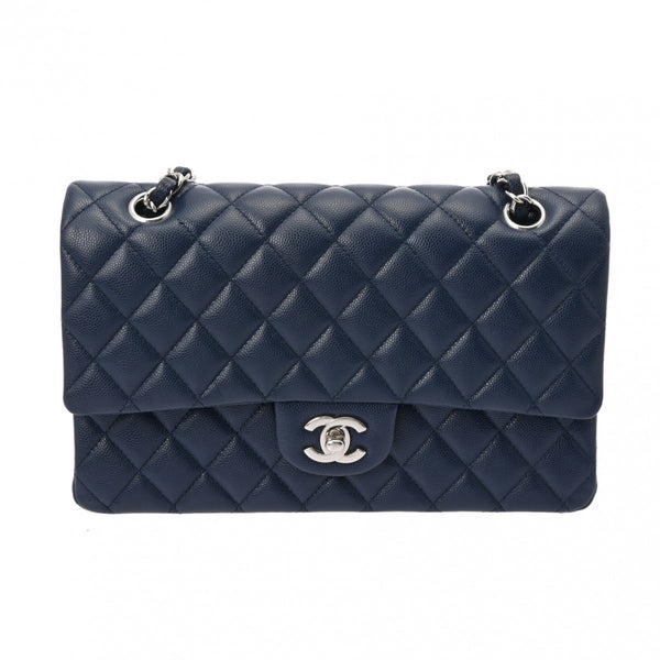 CHANEL シャネル マトラッセ チェーンショルダー Wフラップ 25cm ネイビー レディース キャビアスキン ショルダーバッグ ABランク 中古 銀蔵