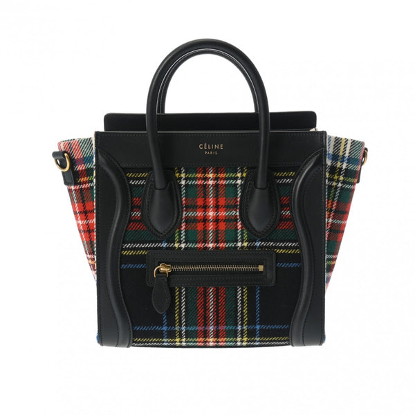 CELINE セリーヌ ラゲージ ナノショッパー チェック柄 2WAY マルチカラー/ブラック レディース ウール/カーフ ハンドバッグ Aランク 中古 銀蔵