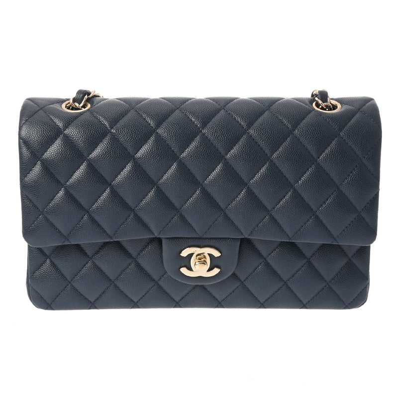 CHANEL シャネル マトラッセ チェーンショルダー Wフラップ 25cm ネイビー A01112 レディース キャビアスキン ショルダーバッグ Aランク 中古 銀蔵