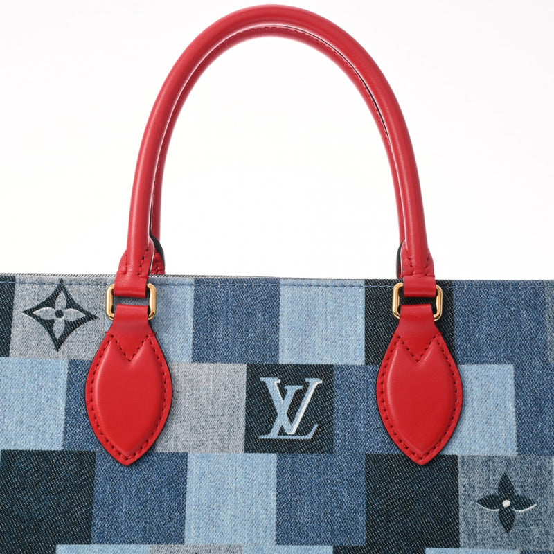 LOUIS VUITTON ルイヴィトン モノグラムデニム オンザゴーGM 2WAYトート ブルー/レッド ユニセックス デニム レザー ハンドバッグ Aランク 中古 銀蔵