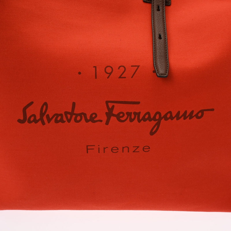 SALVATORE FERRAGAMO フェラガモ ラージ オレンジ/ブラウン ユニセックス キャンバス レザー トートバッグ Aランク 中古 銀蔵