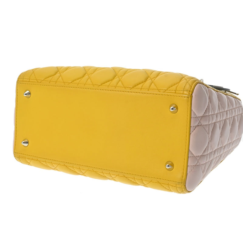 CHRISTIAN DIOR クリスチャンディオール LADY DIOR ミディアムバッグ 2WAY イエロー/グレー/ピンク レディース ラムスキン ハンドバッグ ABランク 中古 銀蔵