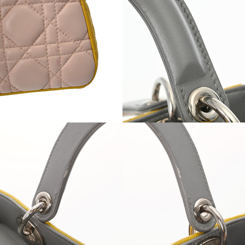 CHRISTIAN DIOR クリスチャンディオール LADY DIOR ミディアムバッグ 2WAY イエロー/グレー/ピンク レディース ラムスキン ハンドバッグ ABランク 中古 銀蔵