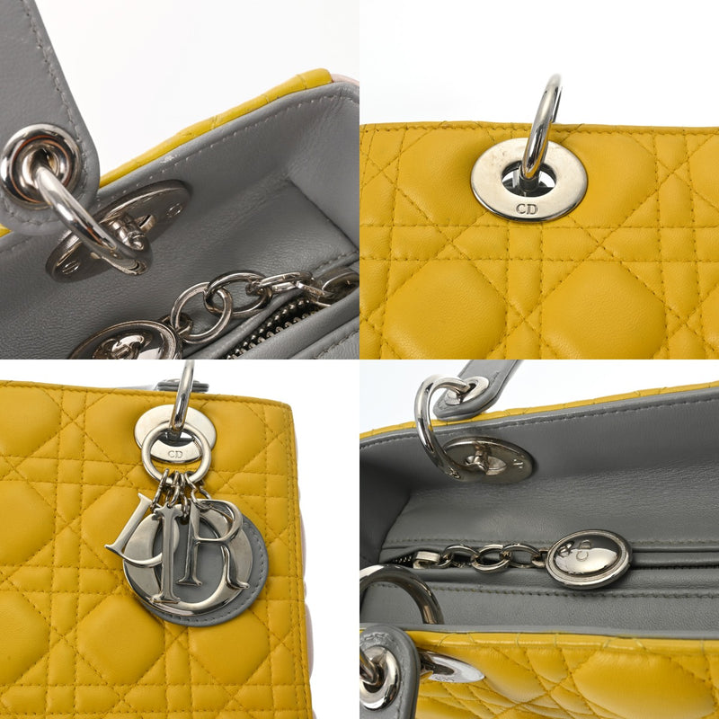 CHRISTIAN DIOR クリスチャンディオール LADY DIOR ミディアムバッグ 2WAY イエロー/グレー/ピンク レディース ラムスキン ハンドバッグ ABランク 中古 銀蔵