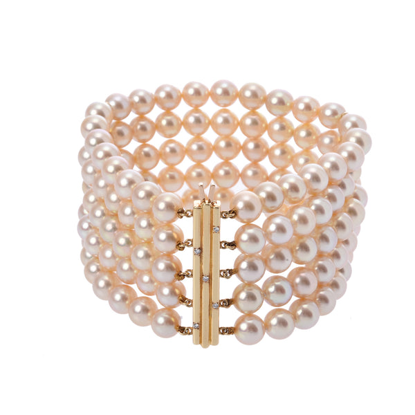 MIKIMOTO ミキモト 5連ブレスレット アコヤパール ダイヤ 0.05ct ホワイト/ゴールド レディース K18イエローゴールド YG ブレスレット Aランク 中古 銀蔵