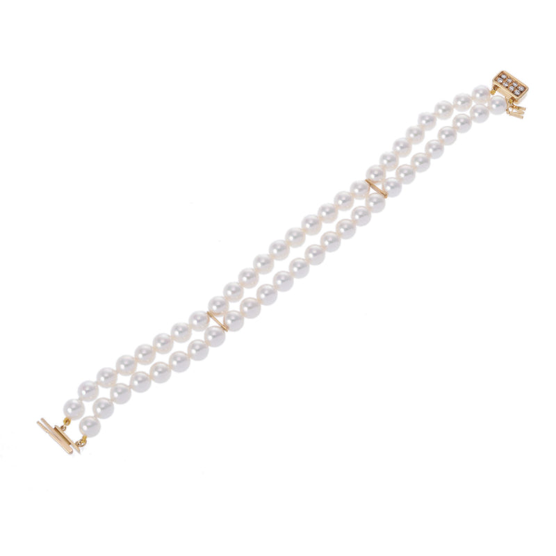 MIKIMOTO ミキモト 2連パール ダイヤ レディース K18イエローゴールド ブレスレット Aランク 中古 銀蔵