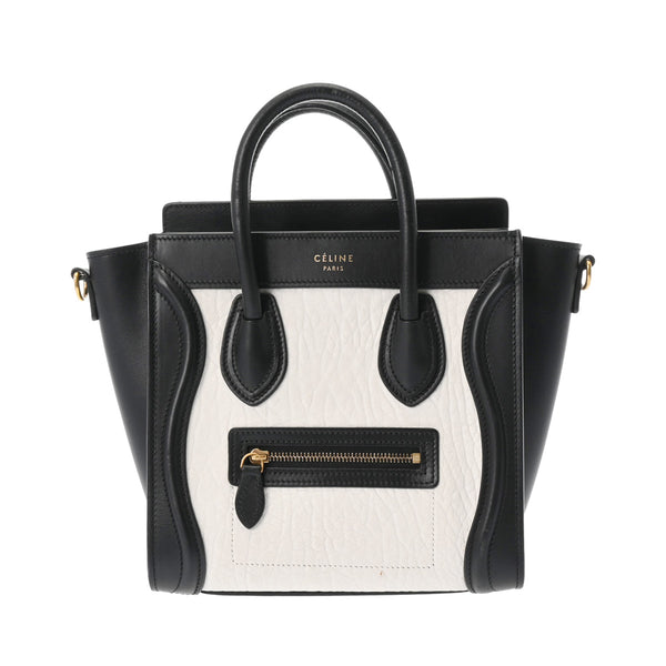 CELINE セリーヌ ラゲージ ナノショッパー 2WAY ホワイト/ブラック レディース カーフ ハンドバッグ Bランク 中古 銀蔵