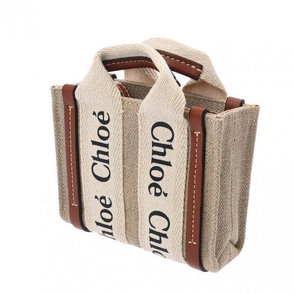Chloe クロエ ウッディ ナノ ミニショルダー グレージュ系/ホワイト/ブラウン レディース リネン カーフ ハンドバッグ Aランク 中古 銀蔵