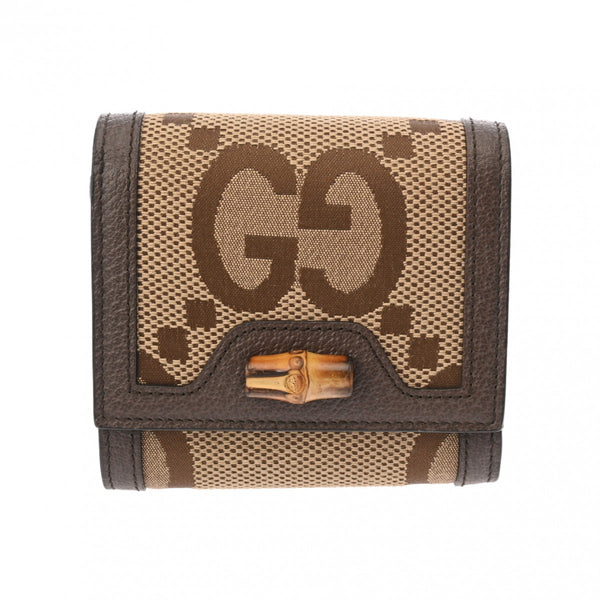 GUCCI グッチ ホック付き二つ折り財布 ジャンボGG ベージュ 658635 レディース キャンバス レザー 二つ折り財布 新同 中古 銀蔵