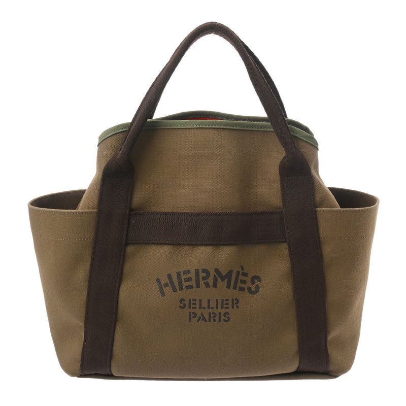 HERMES エルメス サックドパンサージュ グルーム カーキ/ブラウン X刻印(2016年頃) レディース トワルミリタリー トートバッグ ABランク 中古 銀蔵