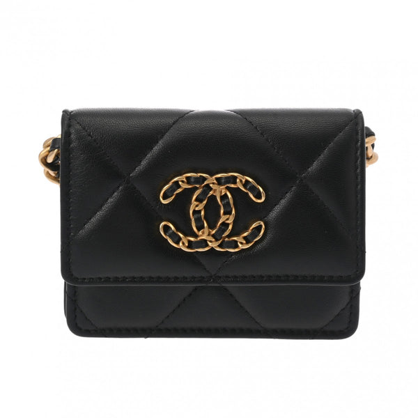 CHANEL シャネル シャネル19 チェーン フラップコインパース ブラック レディース ラムスキン コインケース Aランク 中古 銀蔵