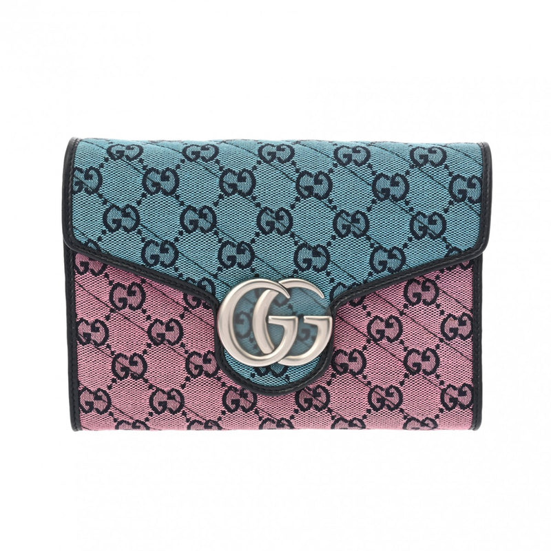 GUCCI グッチ GGマーモント チェーンショルダー ピンク/ブルー 474575 レディース キャンバス レザー ショルダーバッグ Aランク 中古 銀蔵